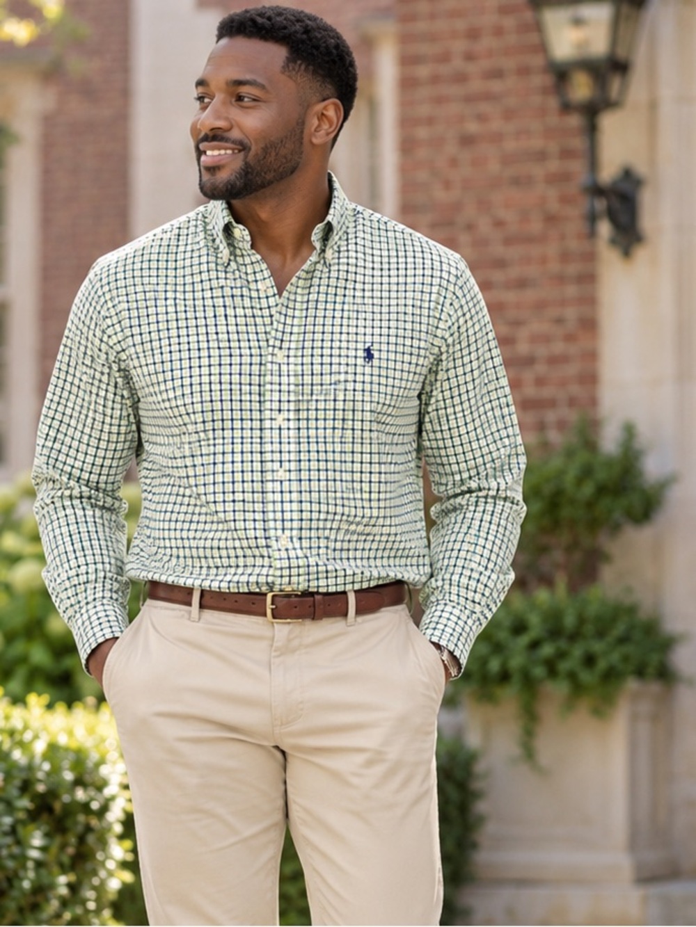 Ralph Lauren Light Green and Navy Grid Button-Down Shirt